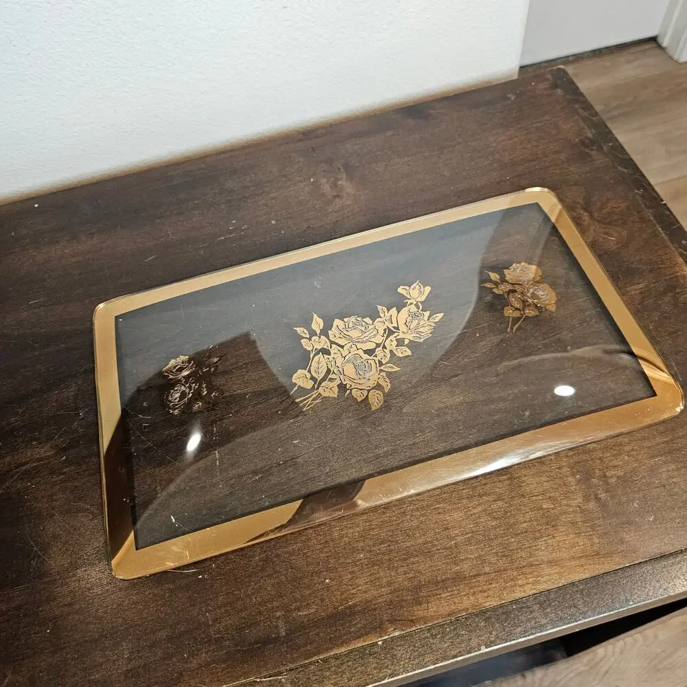 Glass Tray with Gold Trim and Raised Flowers